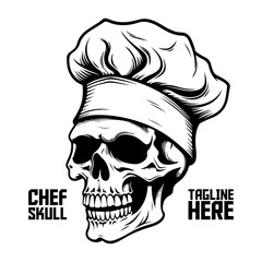 Monochrome chef skull, hat vector. Hand-drawn skeleton face for logo, label, sign, brand mark, poster, tee - PNG, Transparent Background