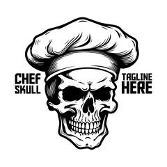 Chef skull in hat vector. Hand-drawn skeleton face. Logo, label, sign, brand mark, poster, tee print - PNG, Transparent Background