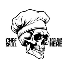 Skull in chef hat vector. Hand-drawn skeleton face for logo, label, sign, and more in monochrome - PNG, Transparent Background