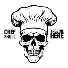 Monochrome chef skull in hat vector art. Hand-drawn skeleton face for logo, label, sign, and more - PNG, Transparent Background