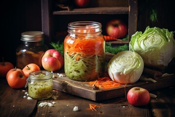 Fermented sauerkraut, cabbage, apples, and carrots on rustic background. Promoting healthy eating. Generative AI