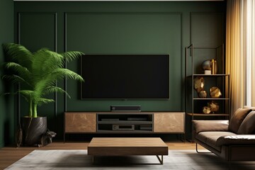 Contemporary living space with TV cabinet against a dark green wall. Generative AI