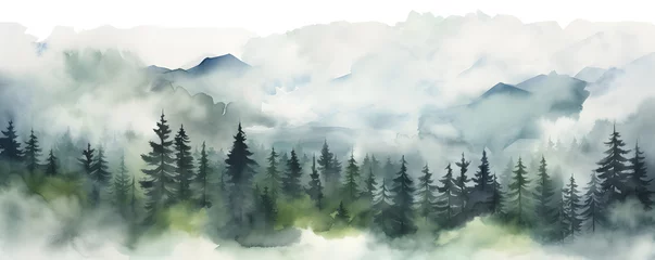Fotobehang Watercolor Painting Of Green Pine Foggy Forest watercolor illustration, Painting of Misty Mountain Landscape © Kodjovi