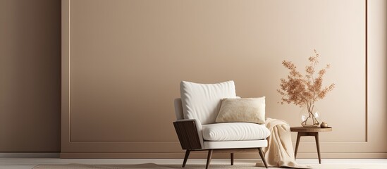 Template for a cozy home decor with stylish elements such as an elegant beige armchair, a brown mock up poster frame, a lamp, and dried flowers on a carpet.