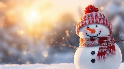 Winter holiday christmas background banner - Closeup of cute funny laughing snowman with wool hat and scarf, on snowy snow snowscape with bokeh lights, illuminated by the sun