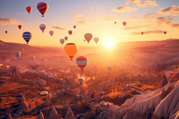 The gentle, serene sunset flight of Cappadocian balloons offers passengers an otherworldly experience in Cappadocia of Turkey. AI-generated.