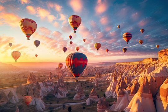 Sunset breathtaking spectacle of natural beauty, with the iconic Cappadocian rock formations bathed in a soft, golden glow in Turkey. AI-generated.