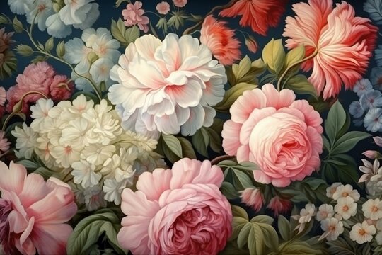 Vintage bouquet of beautiful flowers, baroque old fashion style. Natural pattern wallpaper or greeting card. Generative AI