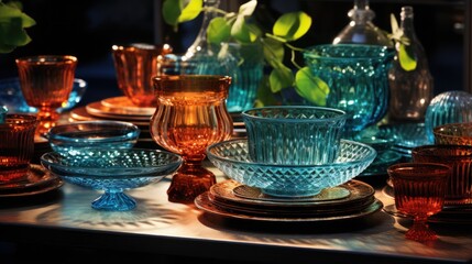 a lot of retro dishes made of transparent glass, a decorative composition, a bright background, light and shadows