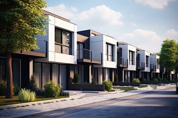 Modern townhouse in residential area. Urban architecture. Small multi-residential building design. Generative AI