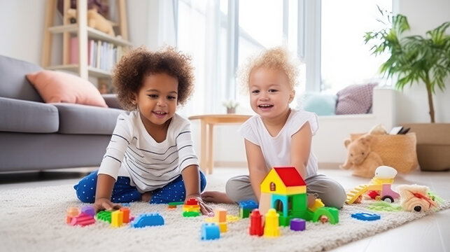 Generative AI, small happy cute children of different nationalities play toys on the carpet in the living room or children's room, diversity, friendship, baby, toddler, child, emotions, joy