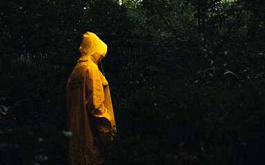 Woman with a yellow jacket in a forest with rain 