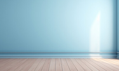 Minimal abstract light blue background with wooden floor for product display