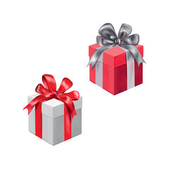 Gift boxes tied with satin ribbons. Vector illustration for New Year composition. Greeting cards, Christmas invitations, themed banners, flyers.