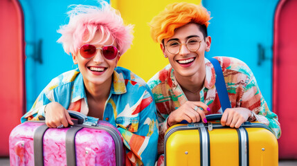Young couple waiting for going for holidays with colorful suitcases. Gay travelers couple with suitcases sitting with colorful suitcases. Generative Ai