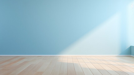 Minimal abstract light blue background with wooden floor for product presentation