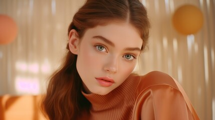 Beautiful girl on a brown background. The girl in brown. Generative AI