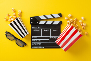 Movie Night Extravaganza. Top-down view snapshot of striped containers, popcorn, 3D eyewear, and clapperboard on yellow backdrop, perfectly suits for text or advertisement