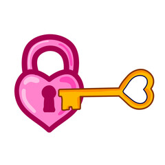 Pink Heart Lock and Golden Key Icon for valentines day. Set of Old Medieaval love symbol isolated on white background