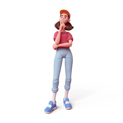 Cute kawaii asian girl in fashion blue pants, red t-shirt touches her chin with hand raises her index finger up thinking over decision trying to make right choice. 3d render isolated transparent.