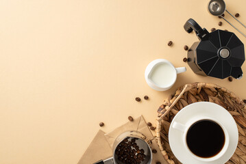 Embrace Coffee Day theme. Top-view of coffee beans, espresso cup in chic wicker tray, paper bags, milk jar, coffee turk, barista's spoon, and kettle on soft beige backdrop, room for text or ads