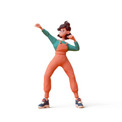 Cute kawaii excited asian active k-pop girl in fashion clothes orange overalls, green t-shirt stands in fighting pose hands in fist strong gesture sports training. 3d render isolated transparent.