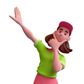 Portrait of cute excited asian colorful k-pop girl in fashion clothes red pants, green t-shirt, cap touches chin with index finger, thumb, one hand is raised up. 3d render isolated transparent.