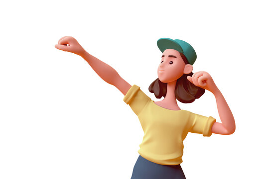 Portrait of cute kawaii asian k-pop girl in fashion clothes blue pants, yellow t-shirt, green cap in fighting pose hands in fist strong gesture sports training. 3d render isolated transparent.