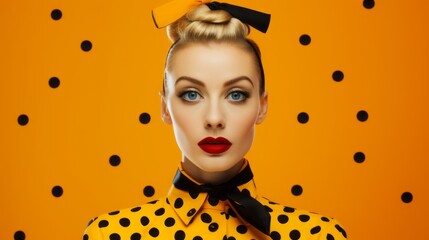 Close up portrait of a blond woman in yellow polka dot shirt with a yellow black bow in hair on a...
