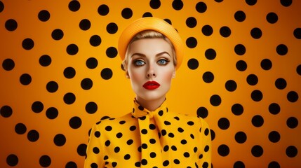 Close up portrait of a beautiful blond woman in yellow polka dot shirt with a yellow hat on a...