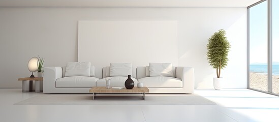 Modern living room featuring a large white wall.
