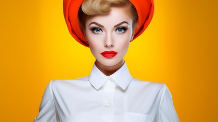 Close up portrait of a beautiful female model wearing white shirt and red hat on yellow background...