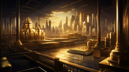 Foto op Canvas A futuristic city with golden buildings and skyscrapers. Ancient civilization with golden buildings. Advanced ancient city with complex golden structures. © Valua Vitaly