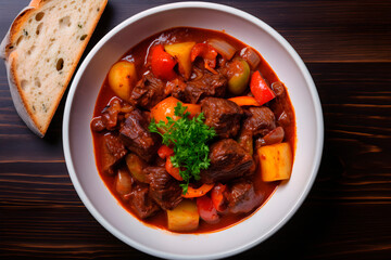 Delicious hungarian Goulash in top view.
