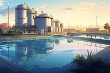 An artistic illustration of a water treatment plant with a background illustration. Generative AI