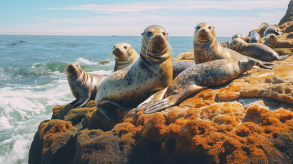 A group of seals basking in the sun, AI Generative.