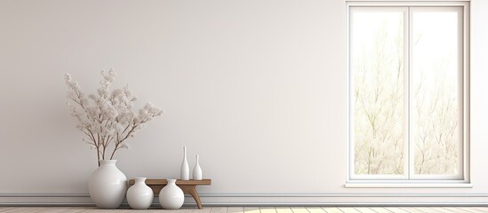 Empty white Scandinavian room with vases on wooden floor, large wall, and white landscape visible through windows. Nordic home interior. ing.