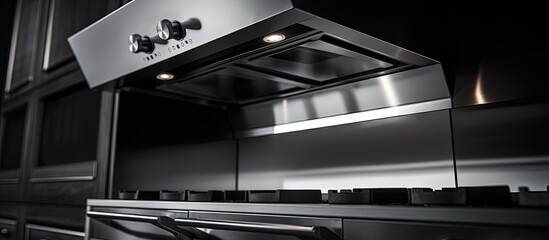 Detail of a stainless steel built-in hood above the cooker, designed to be modular.