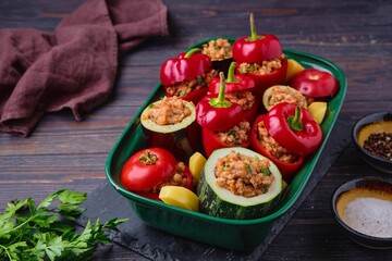 Gemista, stuffed with assorted vegetables in a vegetarian version with rice, raisins and pine nuts...