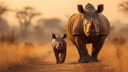 Poster A rhino calf walking beside its mother, AI Generative. © Miry Haval