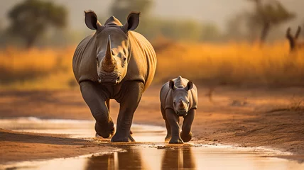Foto op Canvas A rhino calf walking beside its mother, AI Generative. © Miry Haval