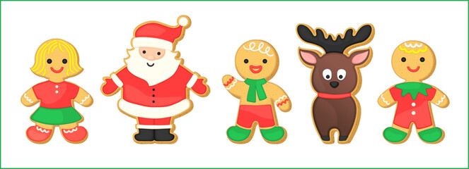 Christmas gingerbread character set. Sugar cookies vector illustration. Gingerbread man, woman, Santa Claus and reindeer cookie shapes with icing. Homemade bakery festive icons. Cute cartoon design.