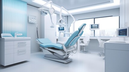 Fototapeta na wymiar a dental implant clinic's treatment room, highlighting the advanced dental implant chair and equipment