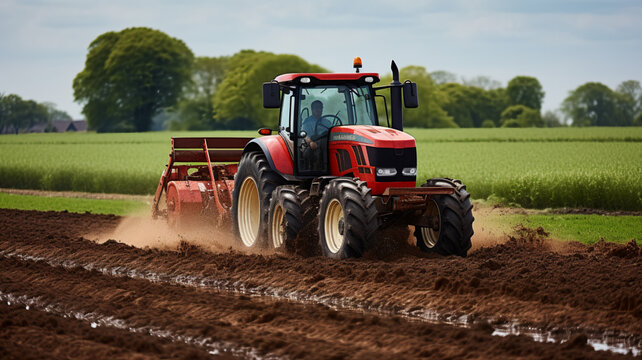 Fototapeta Red tractor working on a field in the Netherlands. AI Generative.