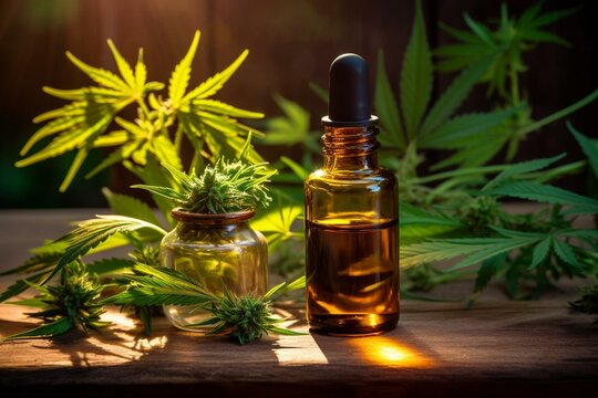 Images of natural herbal drops, cannabis medication, ecology, healing plants, cbd oil bottle pertaining to organic remedies. Generative AI