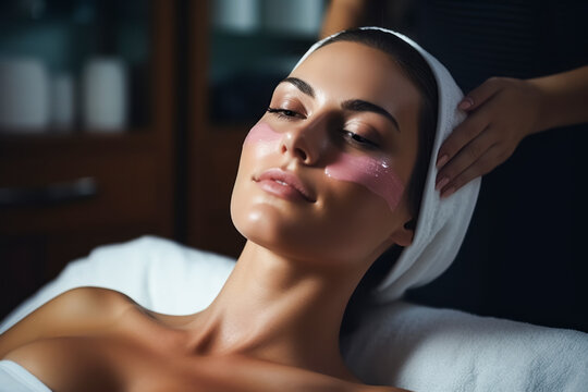 Young beautiful woman having mask procedure in spa centre