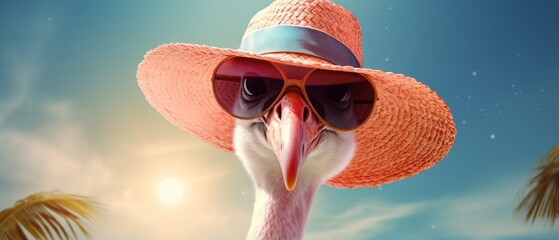 Pink flamingo in vintage beach style. Generative AI