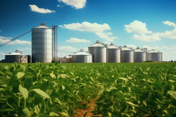Soybean field with grain silos on a sunny day in the USA. Generative AI