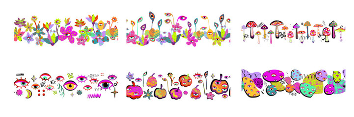 Set of horizontal seamless borders in colorful doodle style