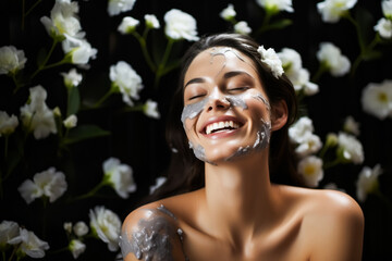 Obraz premium Young beautiful woman with face care mask on flowers background. skin care concept